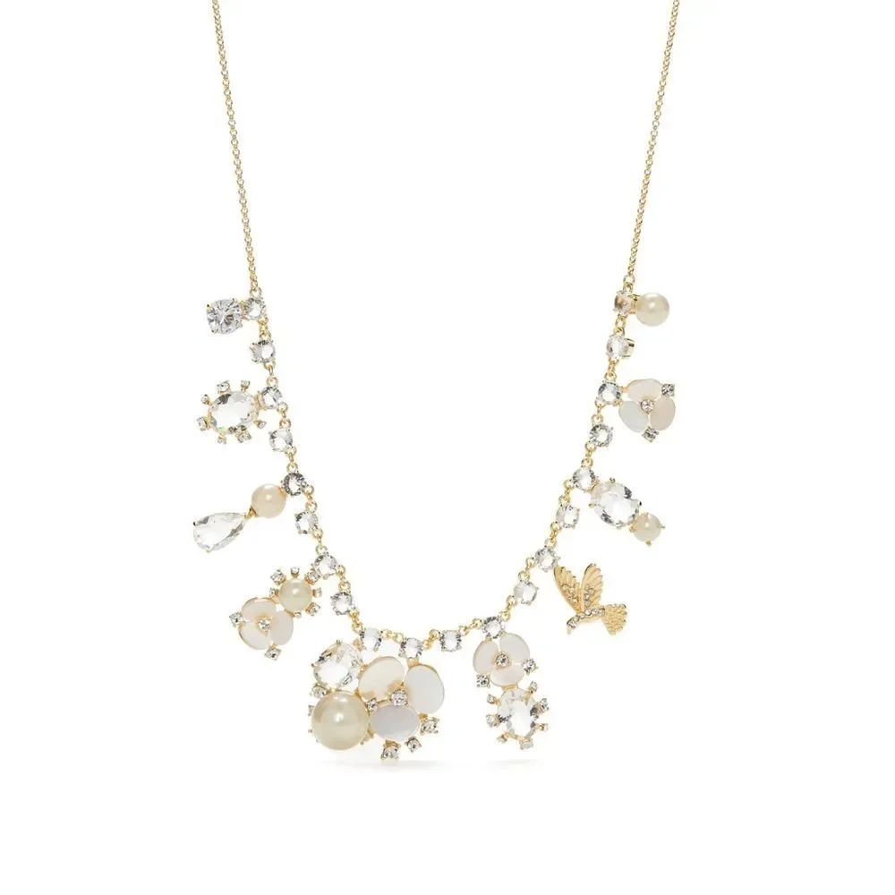 New! KATE SPADE Disco Pansy Flower Bird Crystal Gold-tone Necklace 16